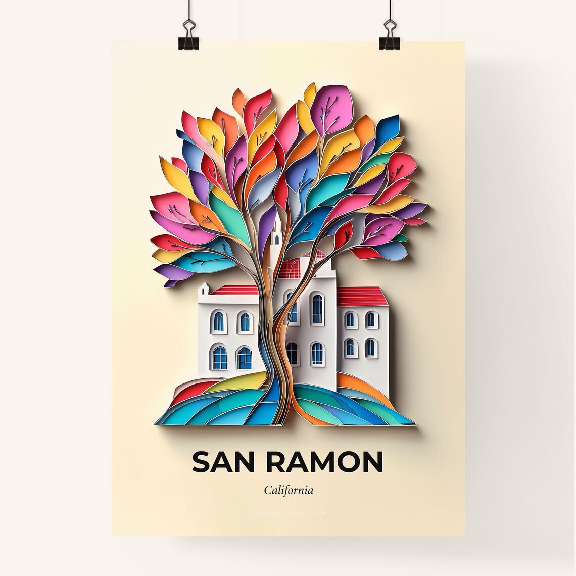 San Ramon California Colorful Paper Cut Tree House Travel Poster - Image 4