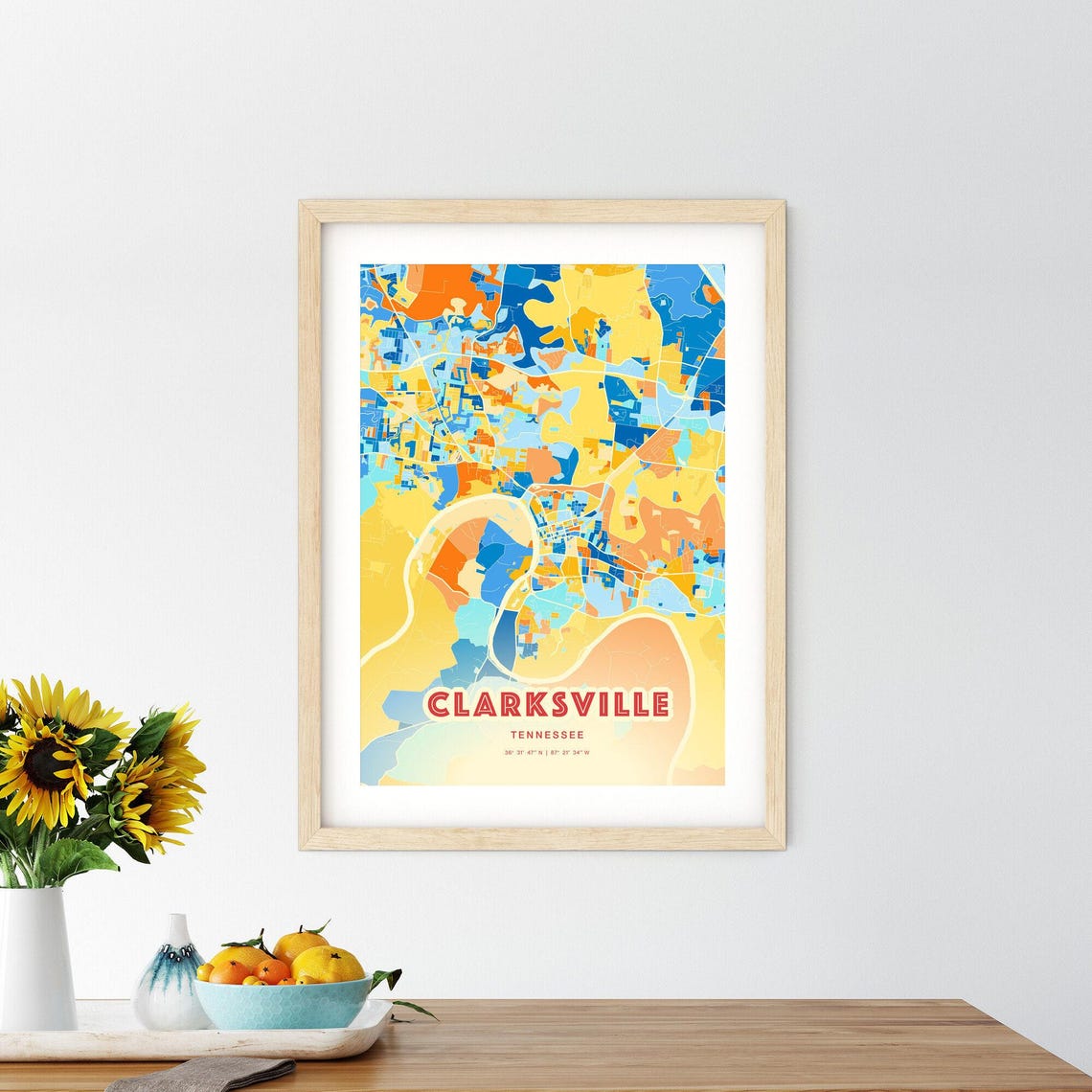 Clarksville Tennessee Colorful City Map Art Coordinates Poster - Image 2