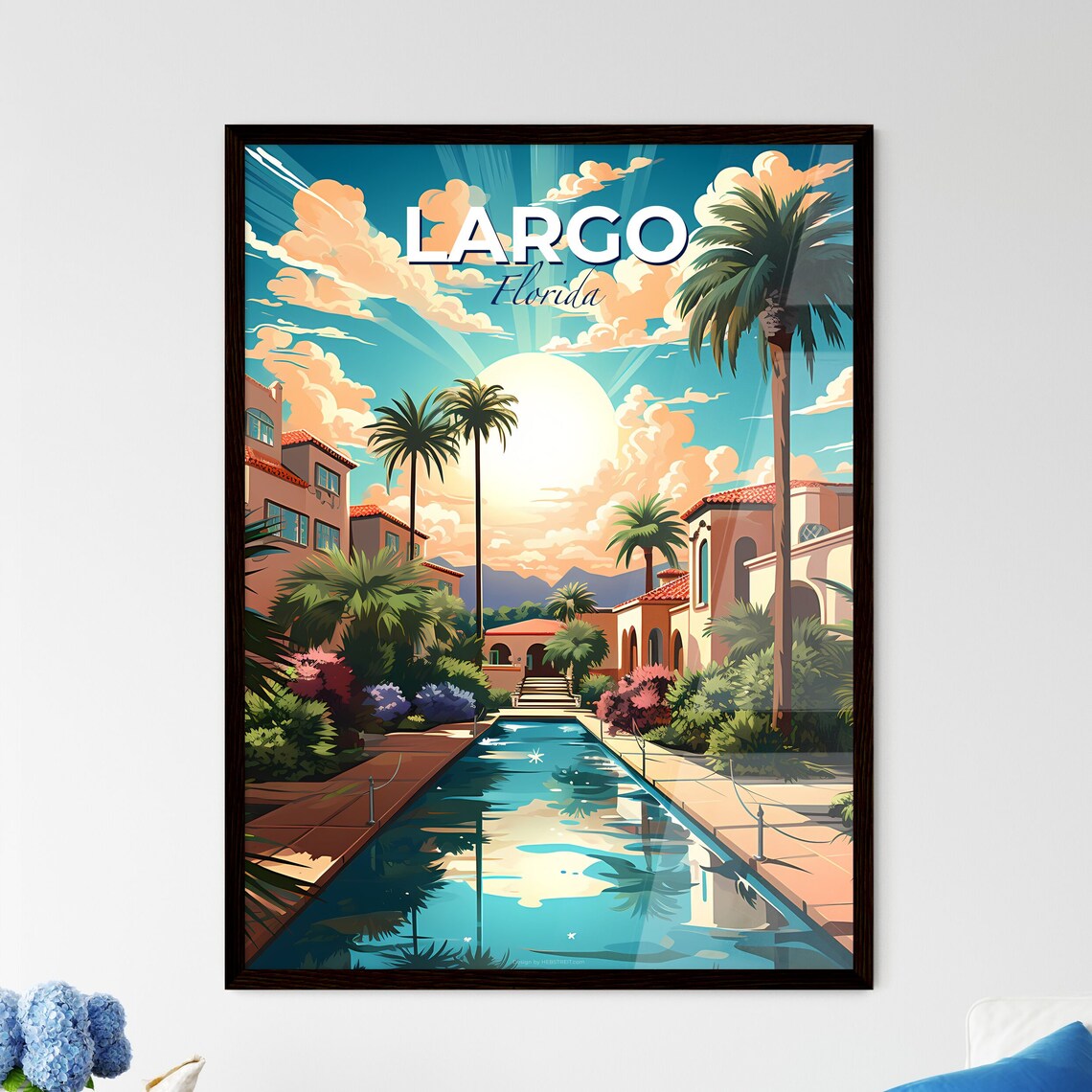 Largo Florida Tropical Courtyard Pool Sunset Vintage Travel Poster