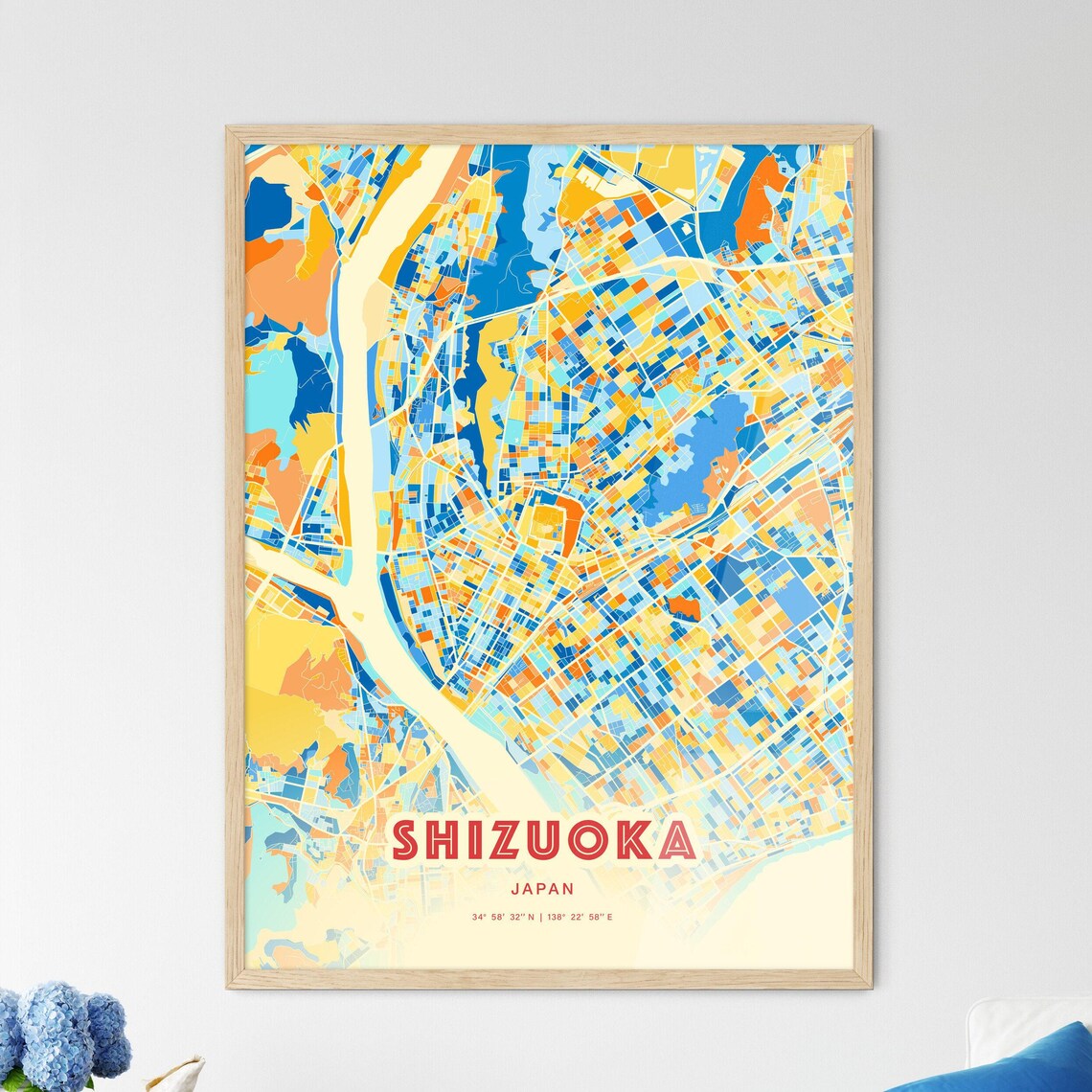 Shizuoka Japan Colorful City Map Poster Blue Orange Elegant Wall Decor