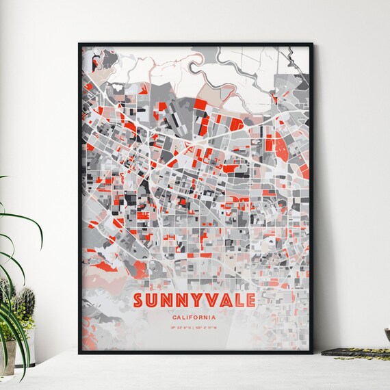 Sunnyvale California City Map Art Modern Red Gray Decor Poster