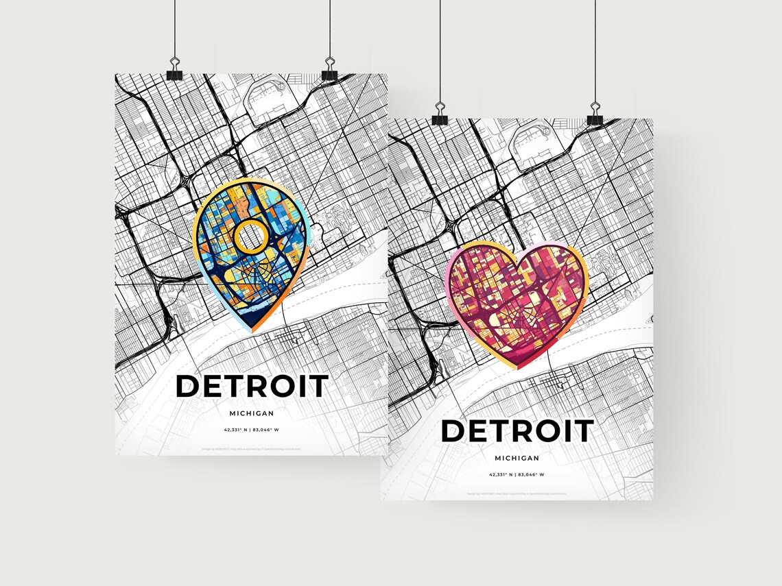 Detroit Michigan Minimal Map Art With Colorful Heart Icon Poster - Image 2