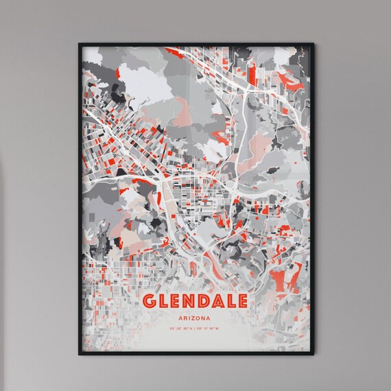 Glendale Arizona Expressive Red Bold Modern City Map Art Poster
