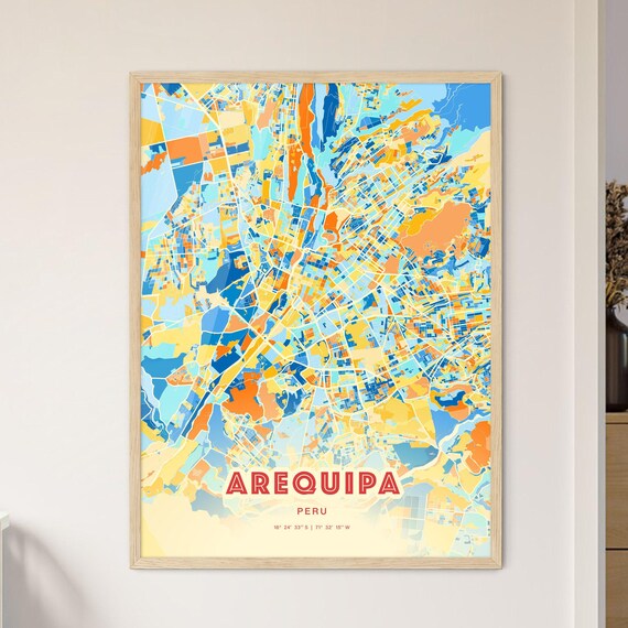 Arequipa Peru Colorful Blue Orange City Map Art Poster with Coordinates