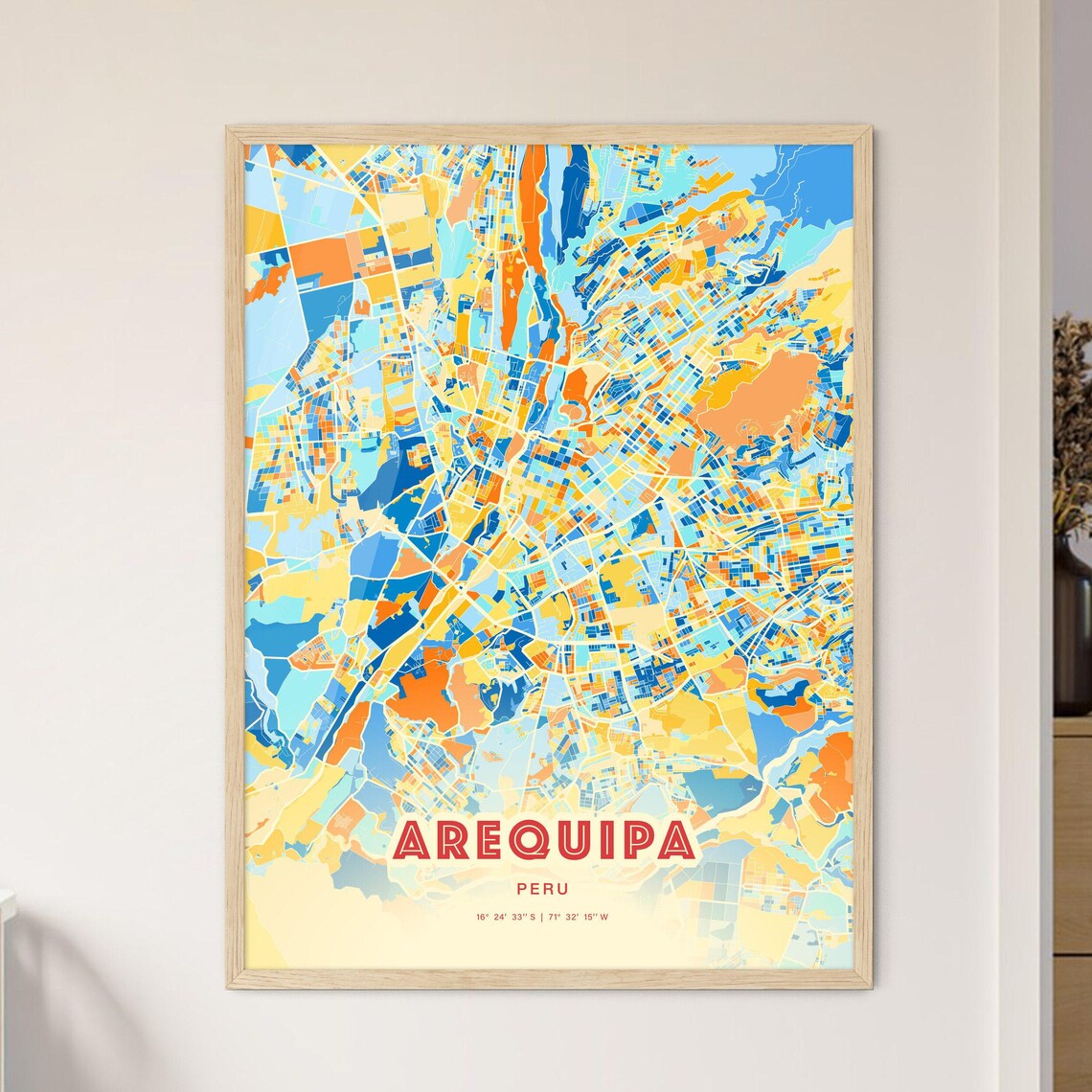 Arequipa Peru Colorful Blue Orange City Map Art Poster with Coordinates