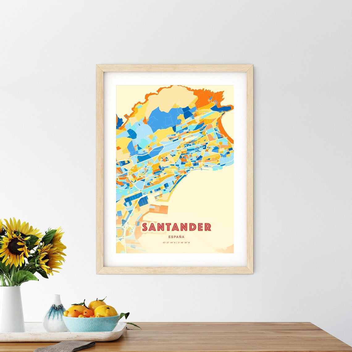 Santander Spain Vibrant Colorful Blue Orange City Map Art Poster - Image 2