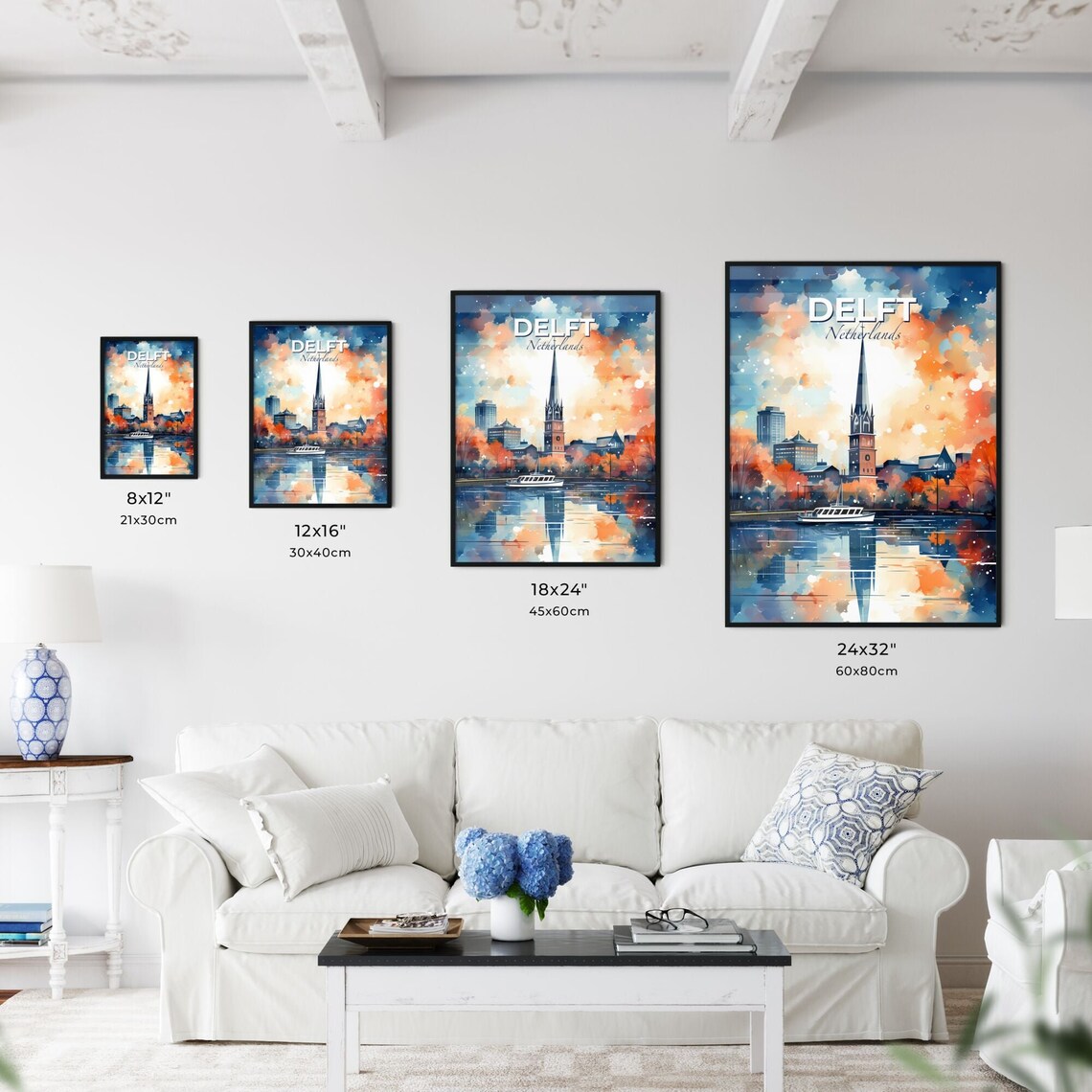 Delft Netherlands Canal Church Travel Poster Watercolor Sunset Art - Image 3