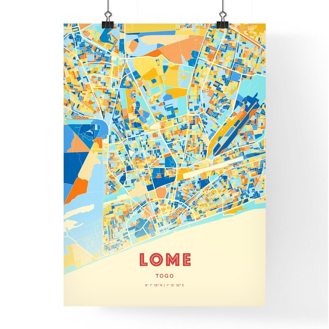 Lome Togo Blue Orange Vibrant Coastal Port City Map Art Poster - Image 3
