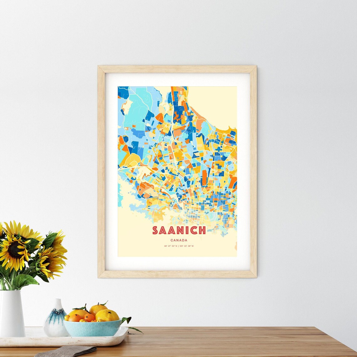 Saanich Canada Colorful Blue Orange City Map Art Poster with Coordinates - Image 2