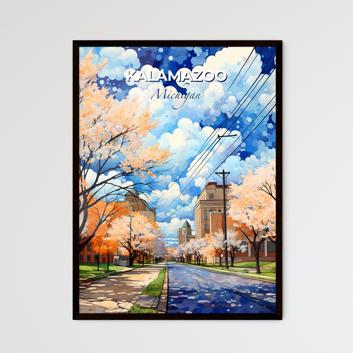 Kalamazoo Michigan Spring Street Travel Poster Blossom Trees Art