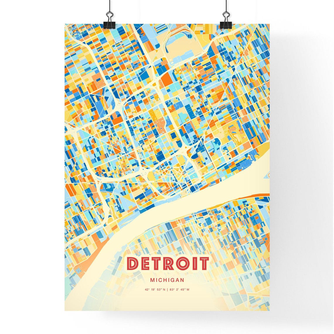 Detroit Michigan Blue Orange Vibrant Downtown Street Map Art Poster - Image 3