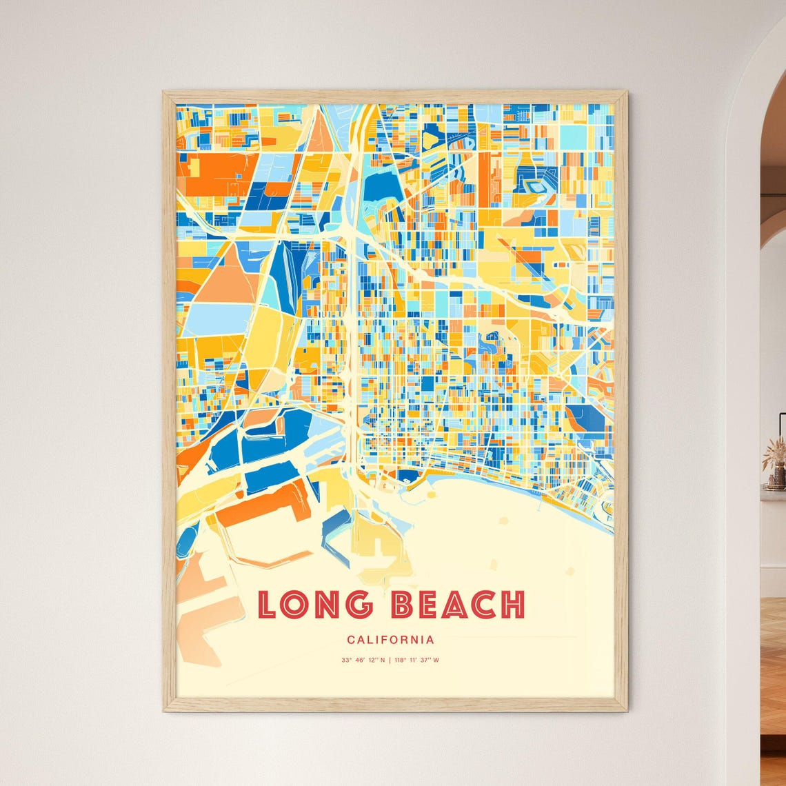 Long Beach California Colorful Blue Orange City Map Art Poster Decor