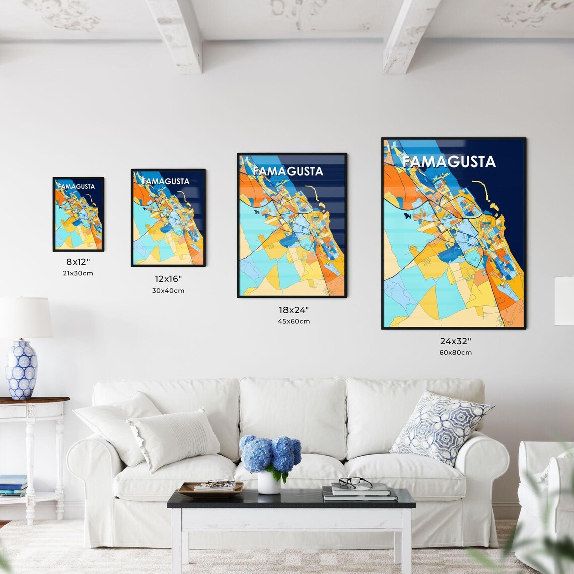 Famagusta Cyprus Vibrant Geometric City Map Art Poster in Blue and Orange - Image 3