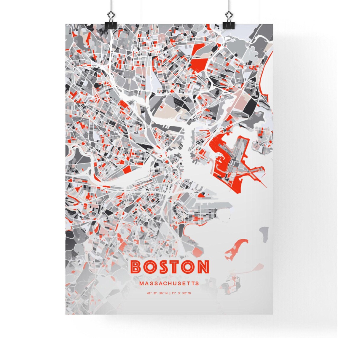 Boston Massachusetts Modern Red Gray Expressive City Map Poster Customizable - Image 3