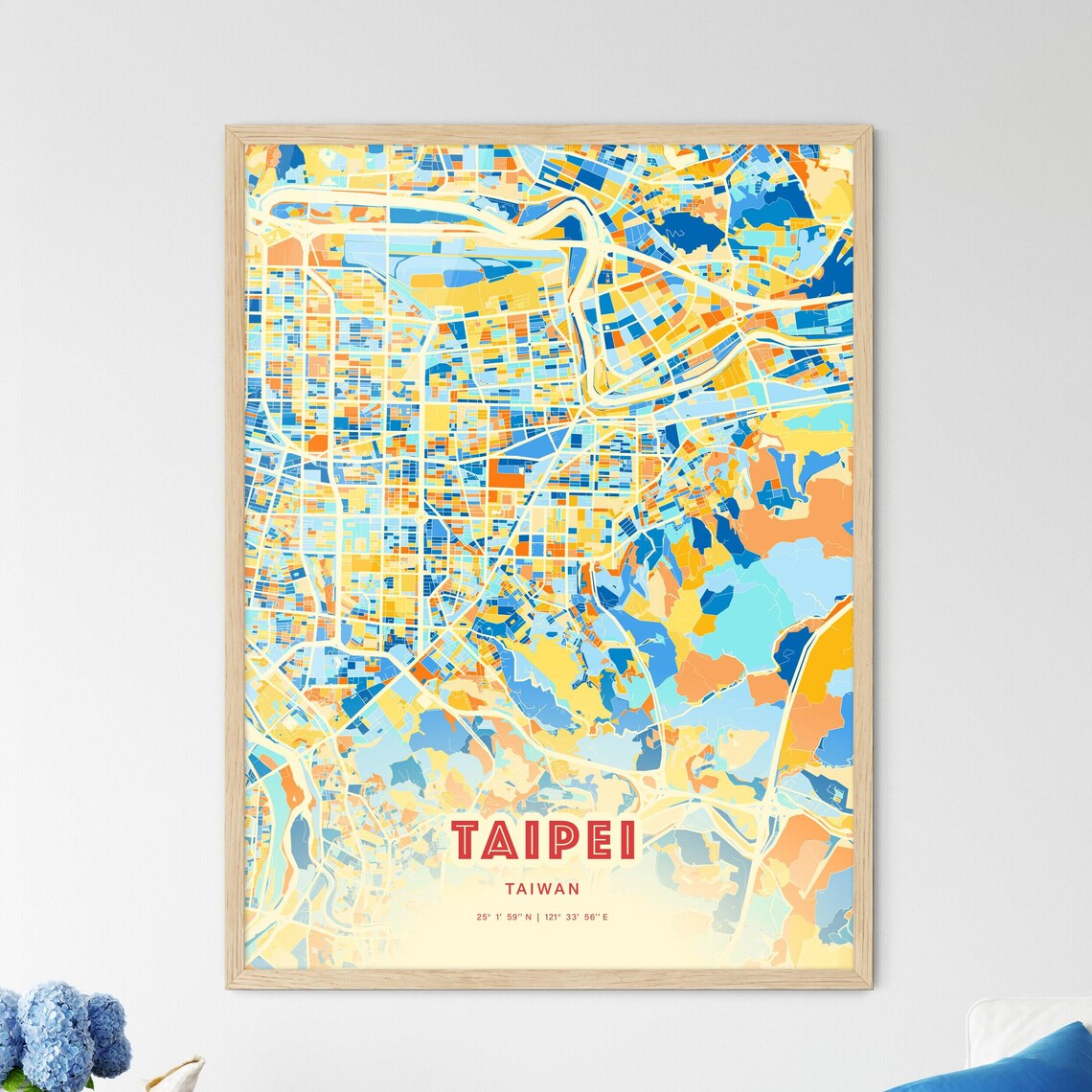 Taipei Taiwan Vibrant Colorful Blue Orange City Map Art Poster Decor
