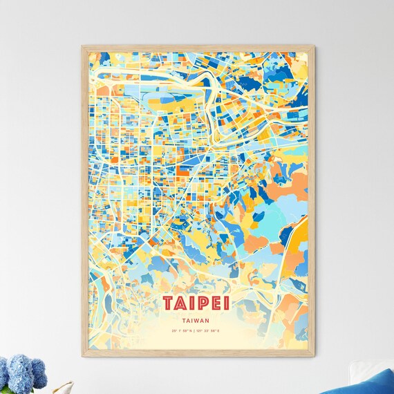 Taipei Taiwan Vibrant Colorful Blue Orange City Map Art Poster Decor