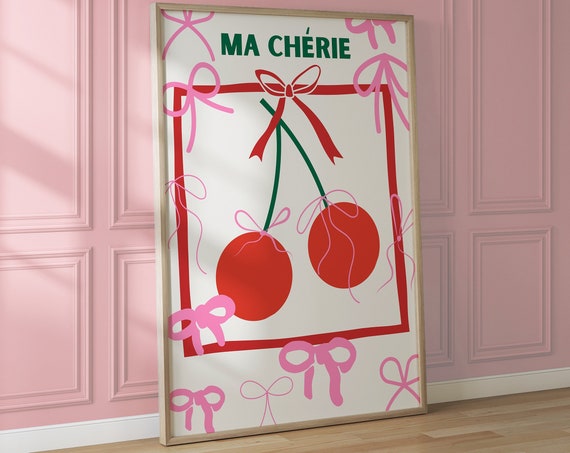 Vintage Ma Cherie Poster Cherry Bow Wall Art Hand Drawn Wall Art Apartment Decortrendy Wall Art Coquette Room Decor For Apartment