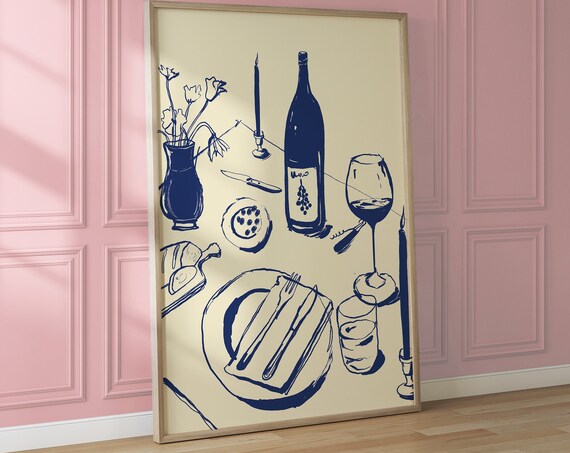 Navy Blue Dinner Party Table Setting Wine Sketch Illustration Poster