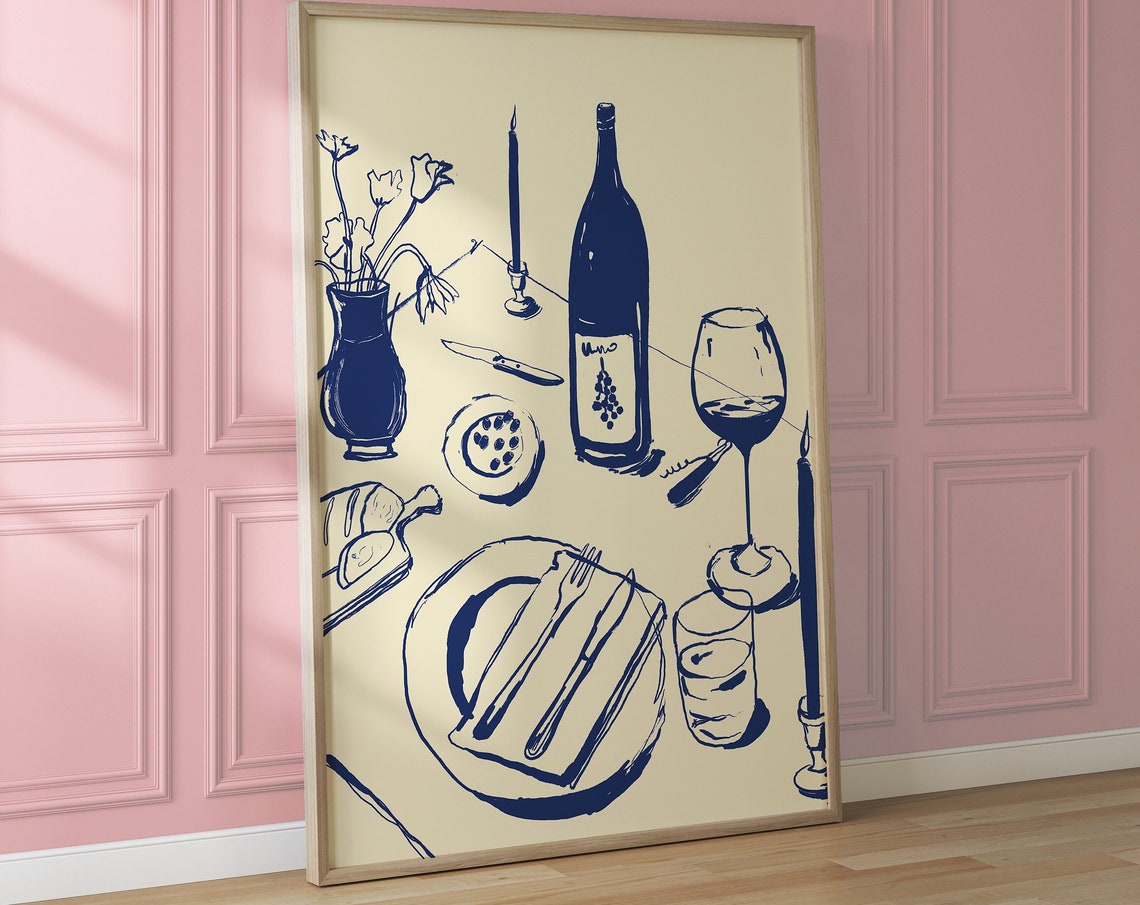 Navy Blue Dinner Party Table Setting Wine Sketch Illustration Poster