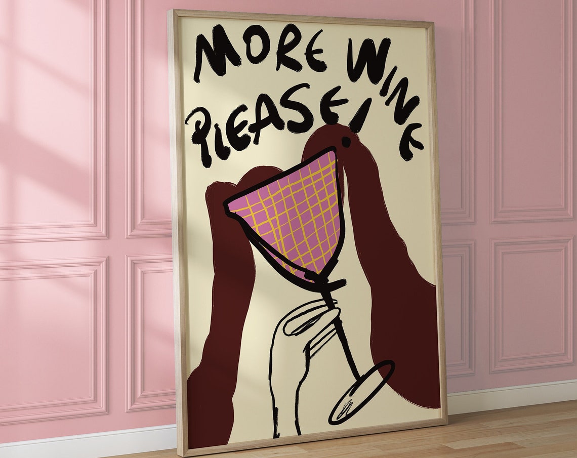 More Wine Please Hand Lettered Fun Wine Glass Bar Cart Poster