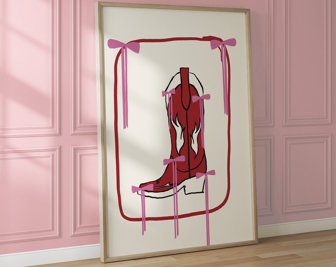Pink Cowboy Boot with Ribbon Bows Coquette Western Style Poster - Image 4