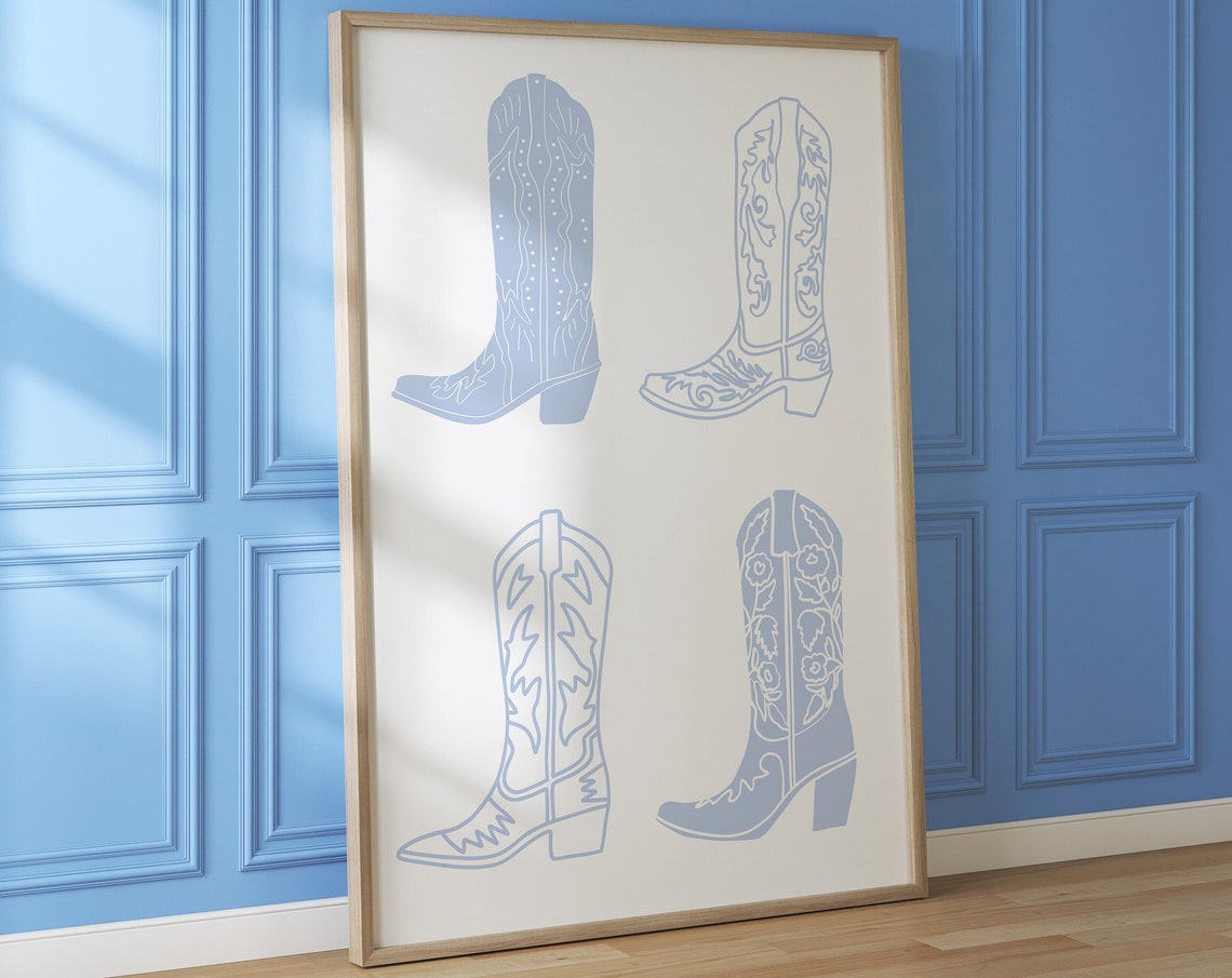 Light Blue Cowboy Boots Line Art Minimalist Western Style Poster - Image 4