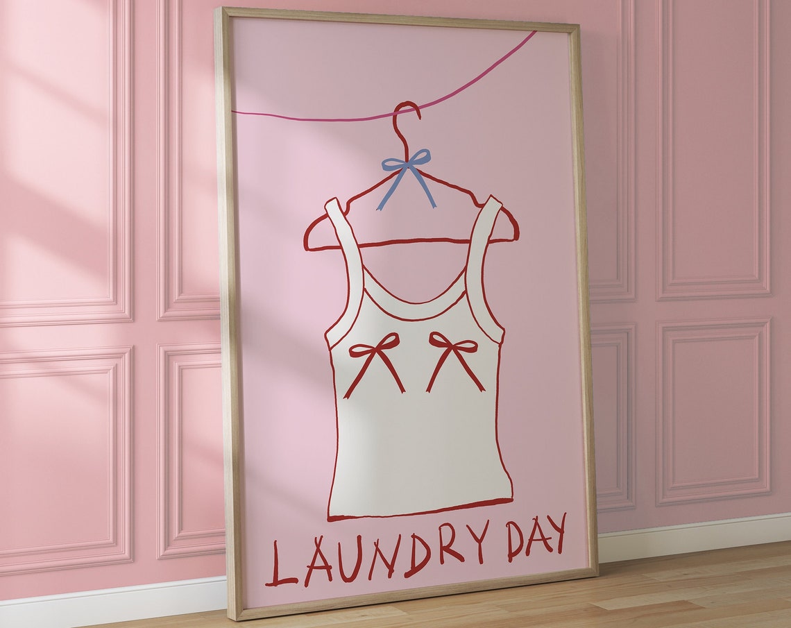 Pink Laundry Day Camisole Hanger Red Bows Illustration Poster