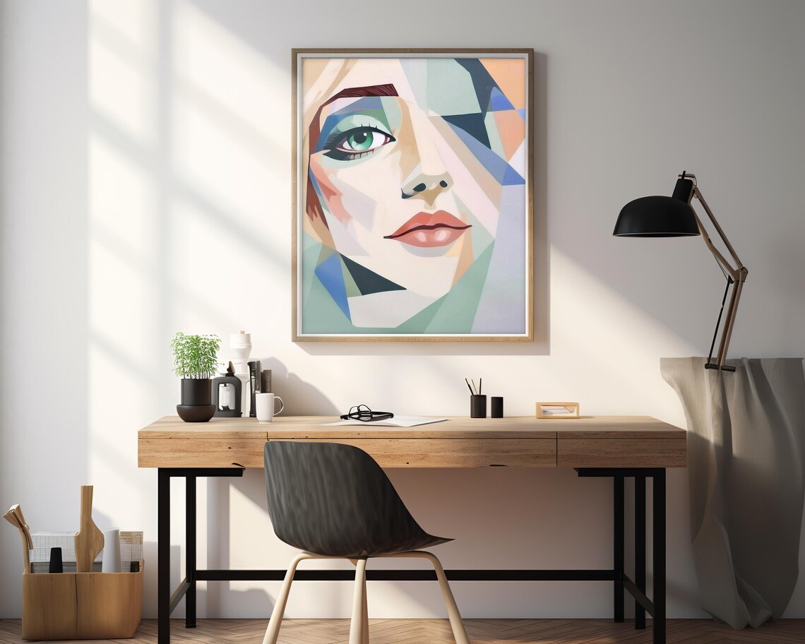 Modern Geometric Portrait Painting, Abstract Woman - Image 2