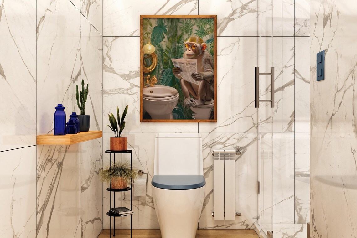Monkey Reading Newspaper On Toilet, Funny Bathroom Decor - Image 3