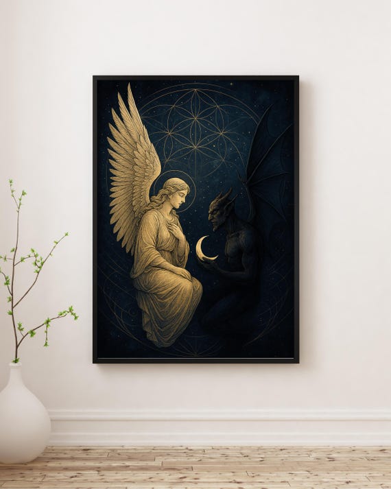 Angel And Demon, Gothic Celestial Balance Art Print