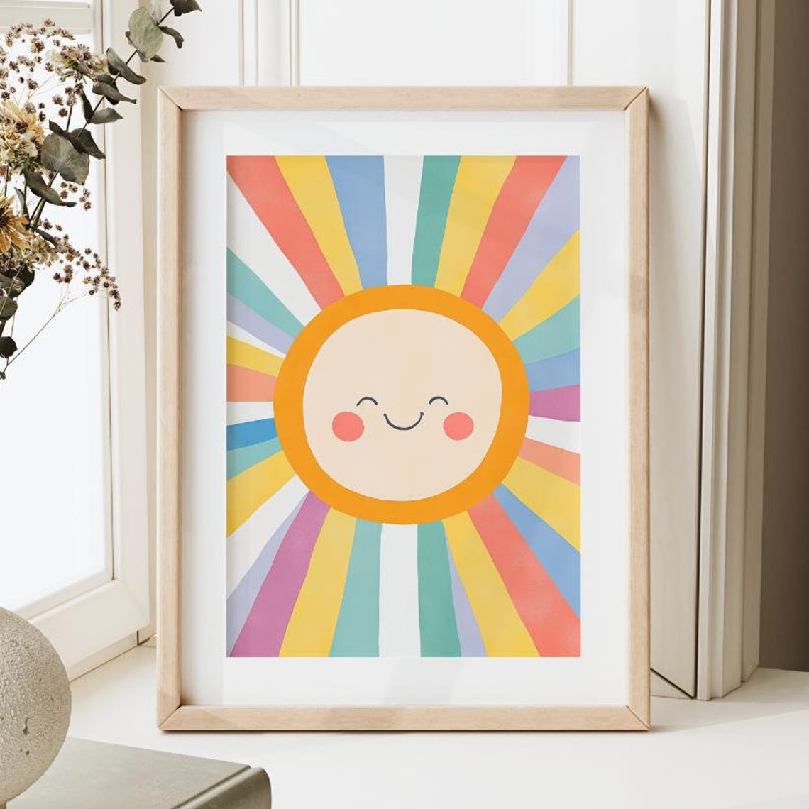 Happy Smiling Sun Rainbow Rays Kids Nursery Playroom Decor Poster