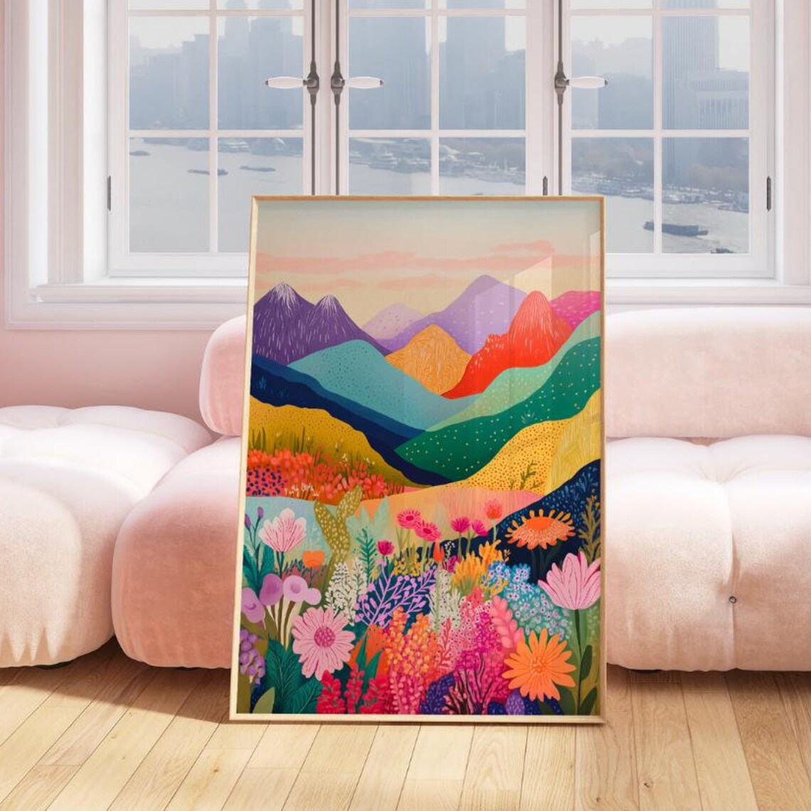 Colorful Stylized Mountain Peaks Wildflower Garden Landscape Wall Poster