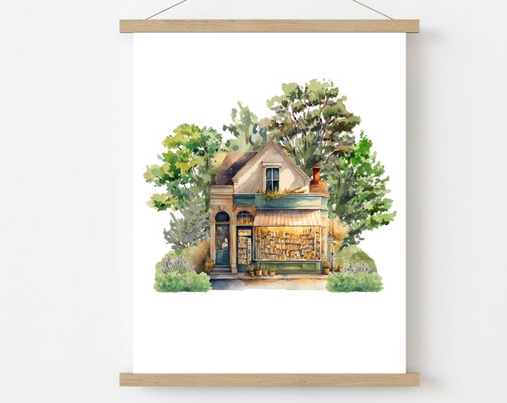 Charming Bookstore Shop Front Awning Books Watercolor Storefront Poster