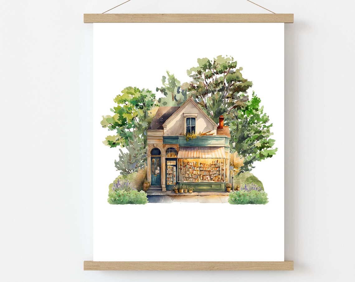 Charming Bookstore Shop Front Awning Books Watercolor Storefront Poster