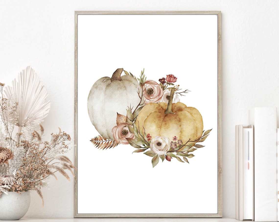 Watercolor Golden Pumpkins and Blush Roses Fall Decor Wall Poster