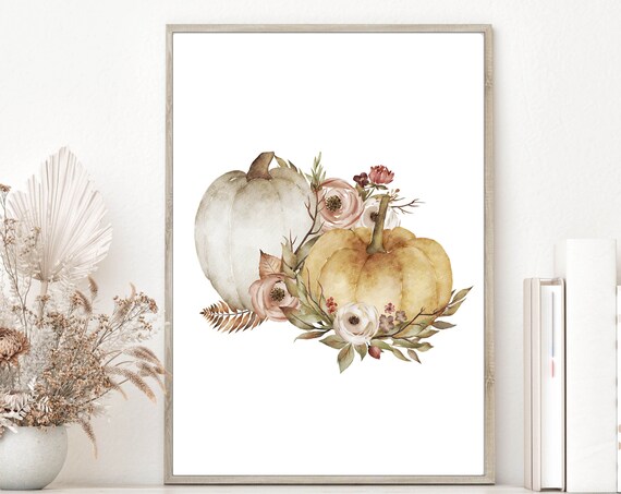 Watercolor Golden Pumpkins and Blush Roses Fall Decor Wall Poster