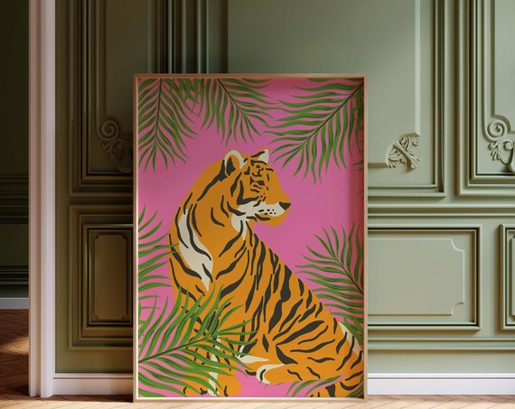 Tiger Wall Art Pink Animal Print Preppy Illustration Jungle Poster Eclectic Home Decor Colorful Large Gallery