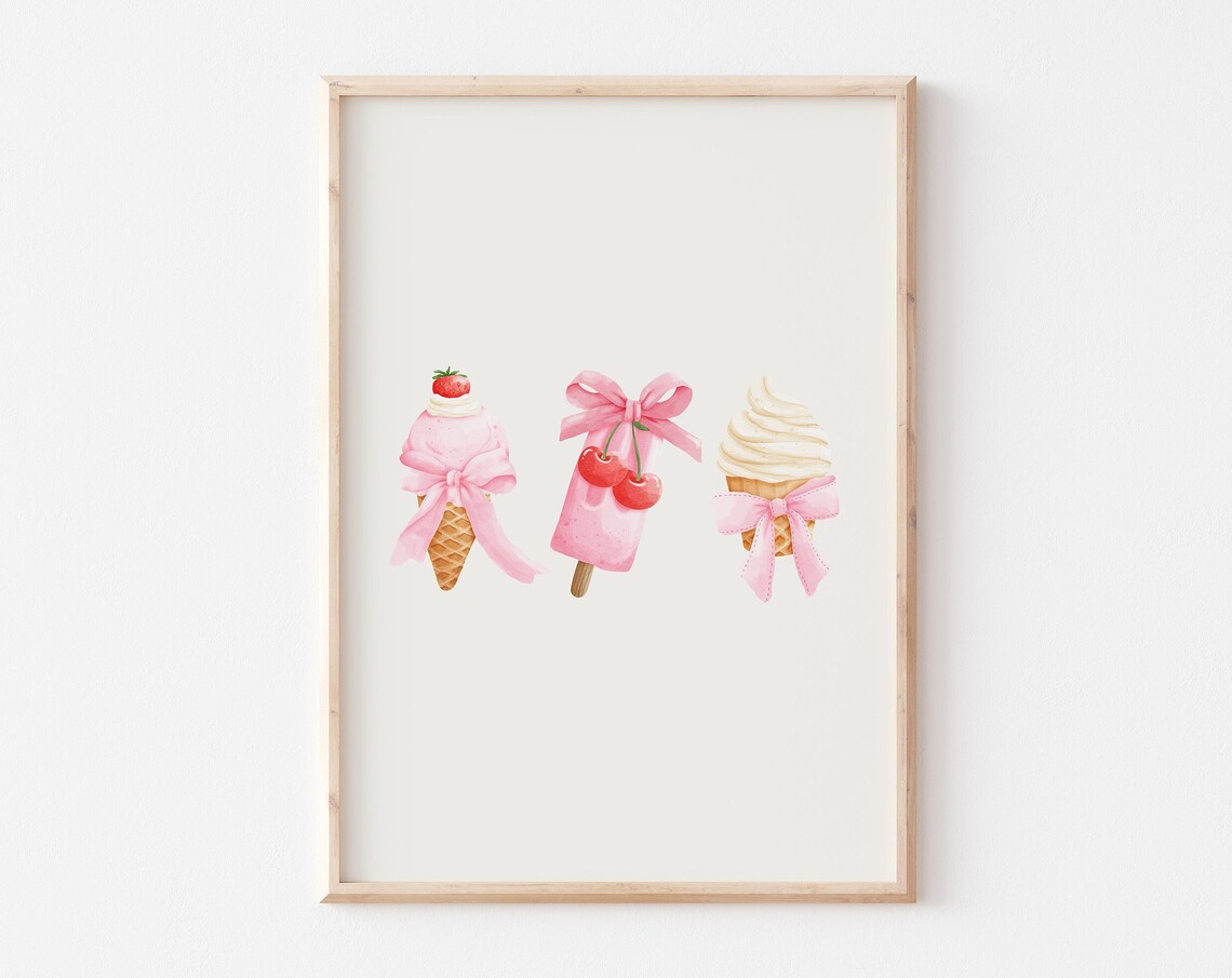 Pink Coquette Ice Cream Cones and Cherry Popsicle Watercolor Poster