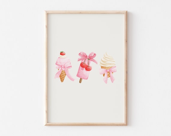 Pink Coquette Decor Coquette Bow Prints Soft Girl Aesthetic Art Girly Apartment Wall Art Trendy Art Preppy Ice Cream