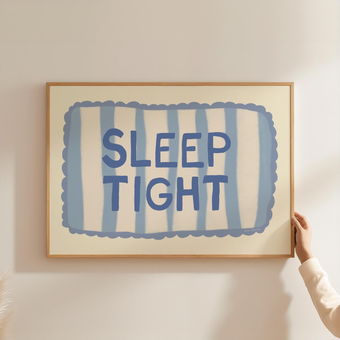 Sleep Tight Blue Scalloped Border Hand Lettered Cozy Bedroom Wall Art