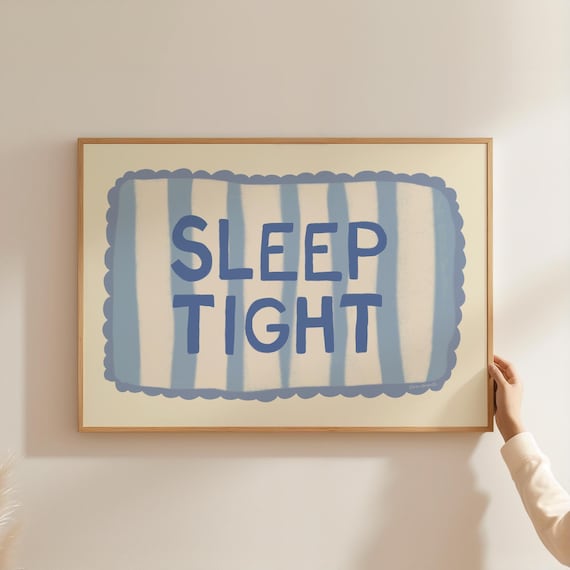 Sleep Tight Blue Scalloped Border Hand Lettered Cozy Bedroom Wall Art