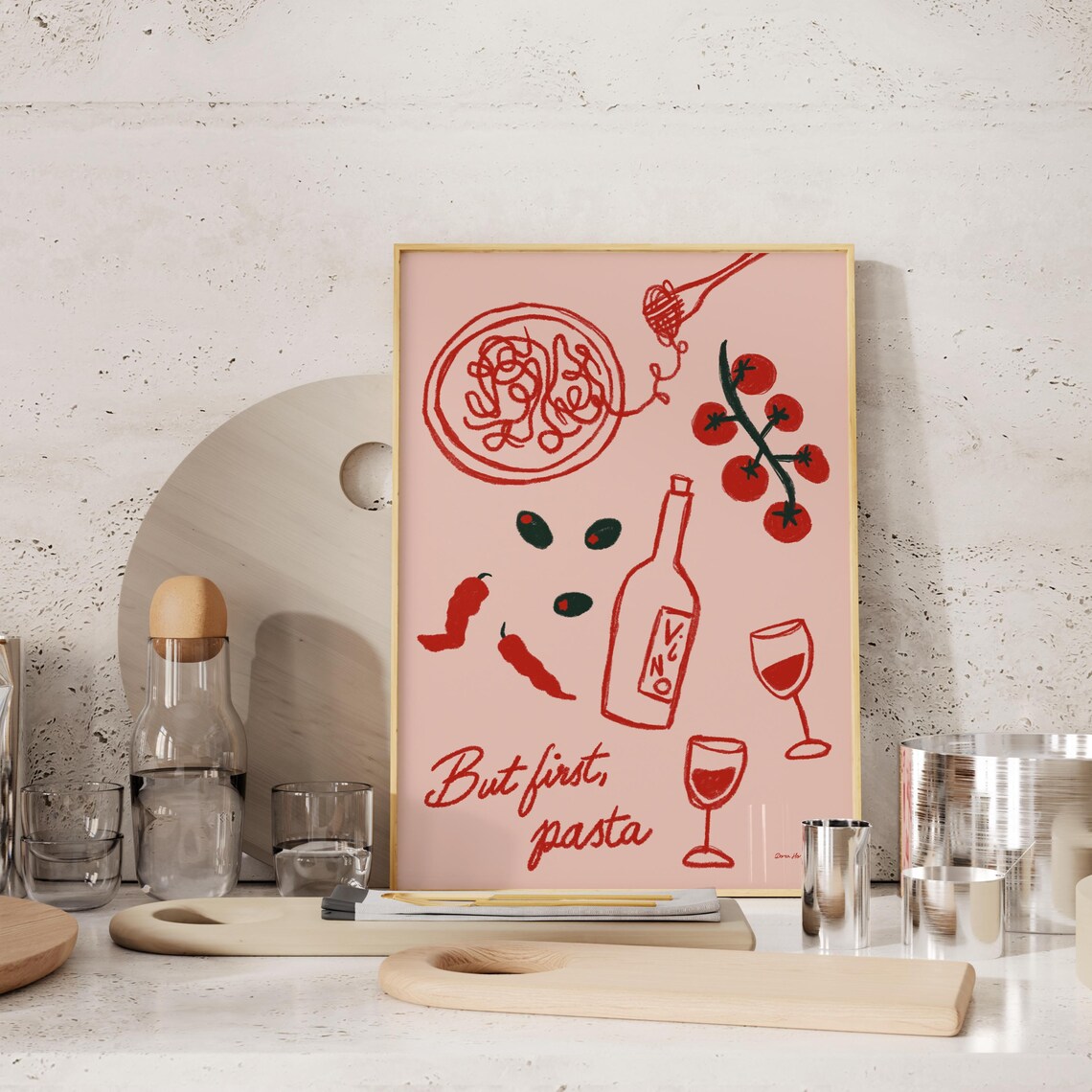 But First Pasta Blush Pink Line Art Italian Food Wine Lover Poster - Image 4