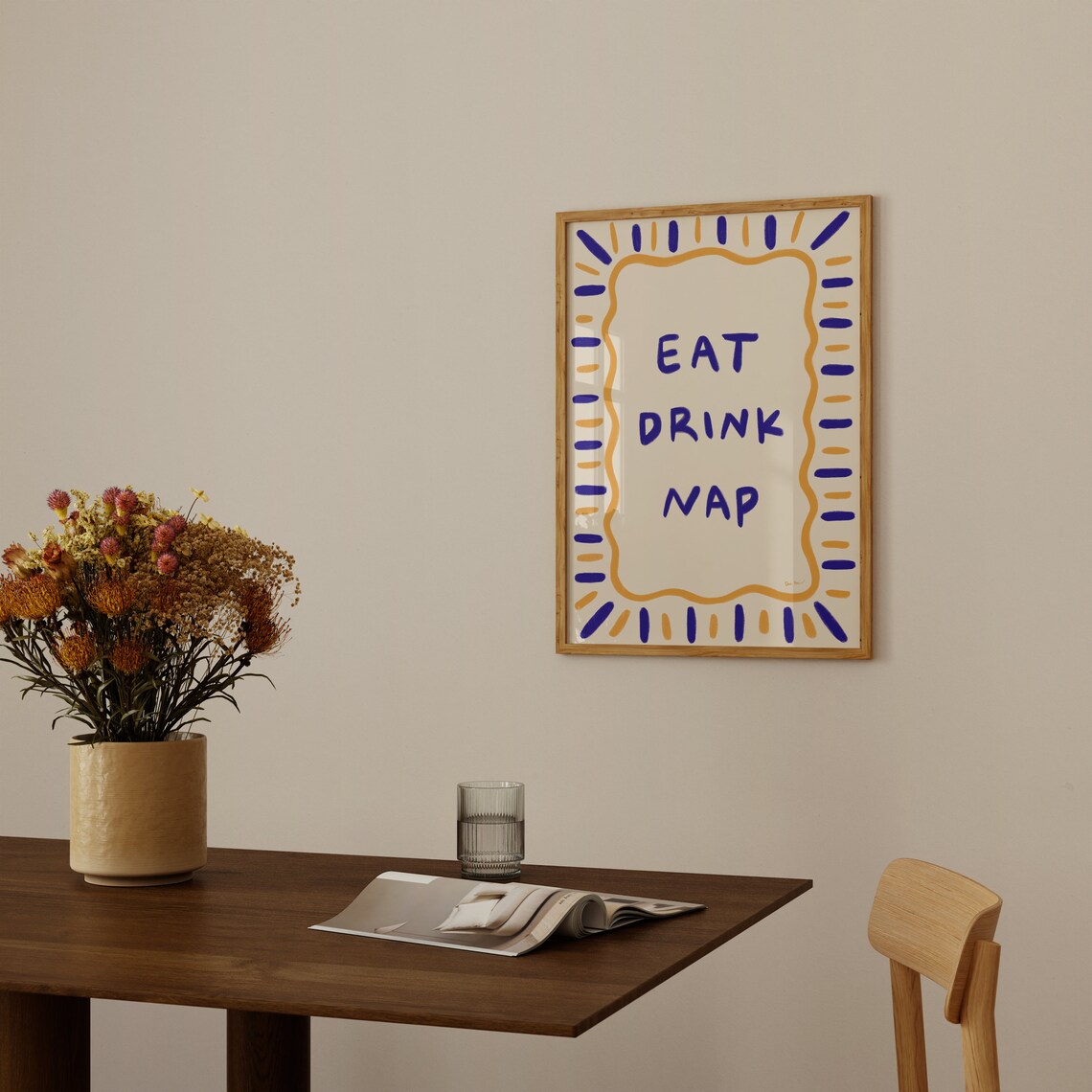 Eat Drink Nap Sunburst Border Navy Blue Fun Mantra Quote Wall Art - Image 2
