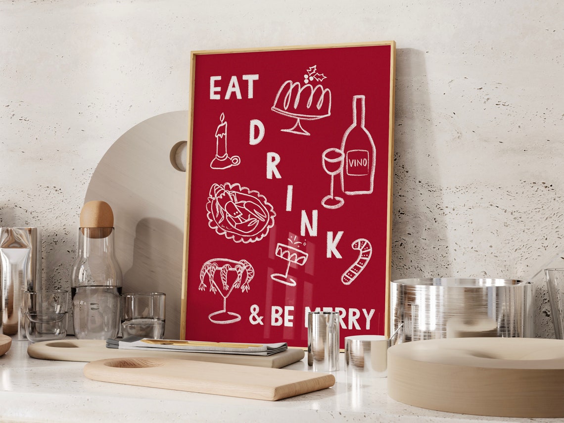 Eat Drink And Be Merry Bold Red Christmas Dinner Party Poster - Image 4