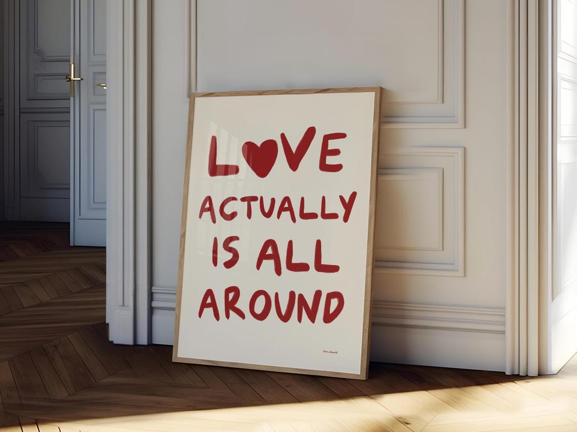 Love Actually Is All Around Red Handwritten Heart Quote Wall Art