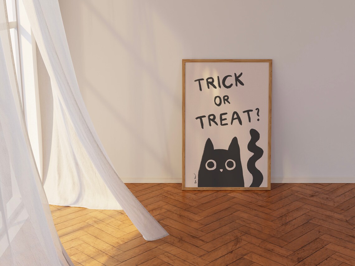 Trick Or Treat Black Cat Cute Halloween Typography Art Poster - Image 2