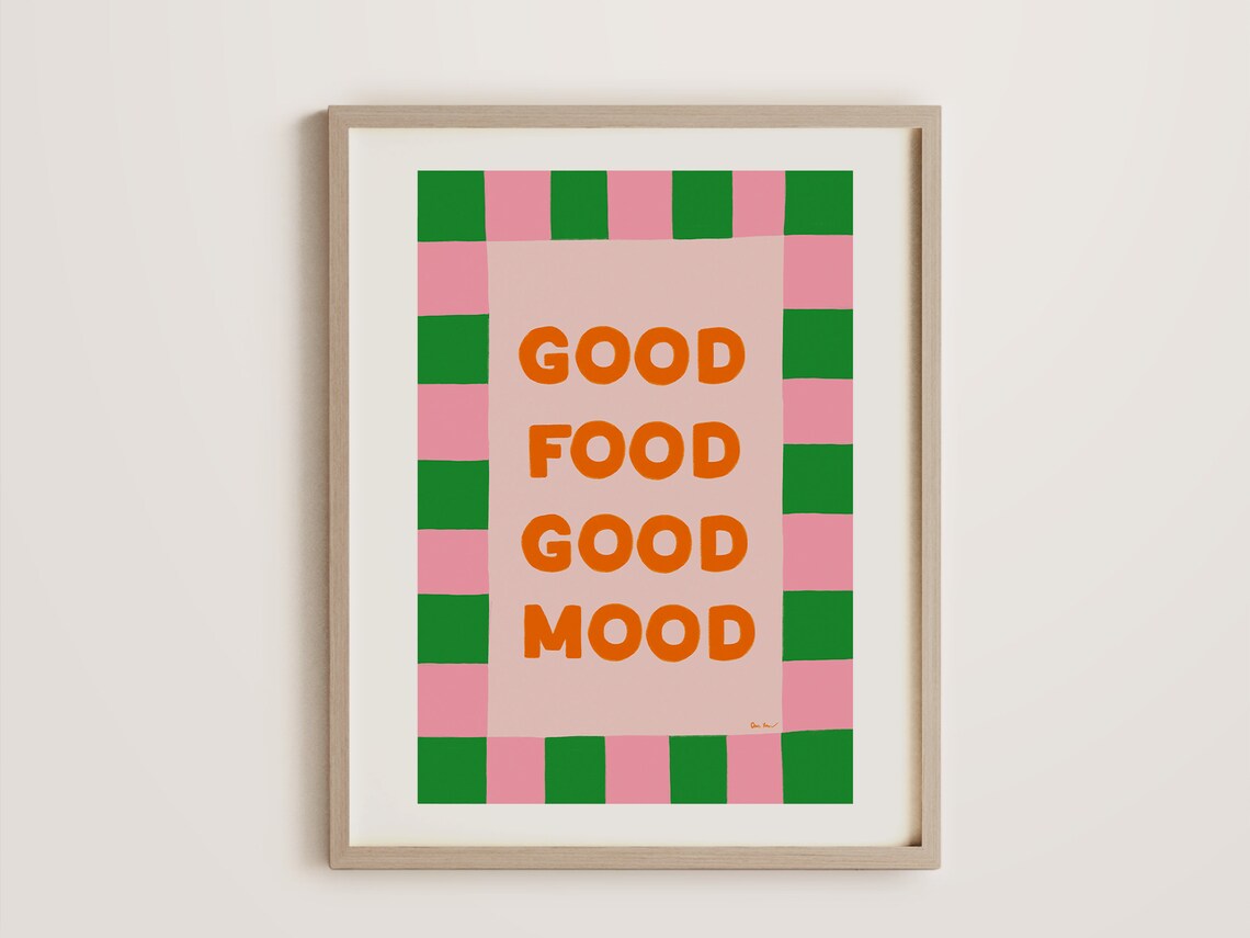 Good Food Good Mood Green And Pink Checkerboard Kitchen Poster - Image 4
