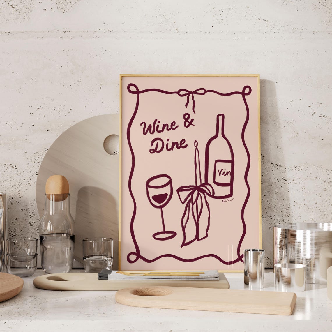 Wine And Dine Pink Squiggle Border Wine Illustration Fun Poster - Image 3