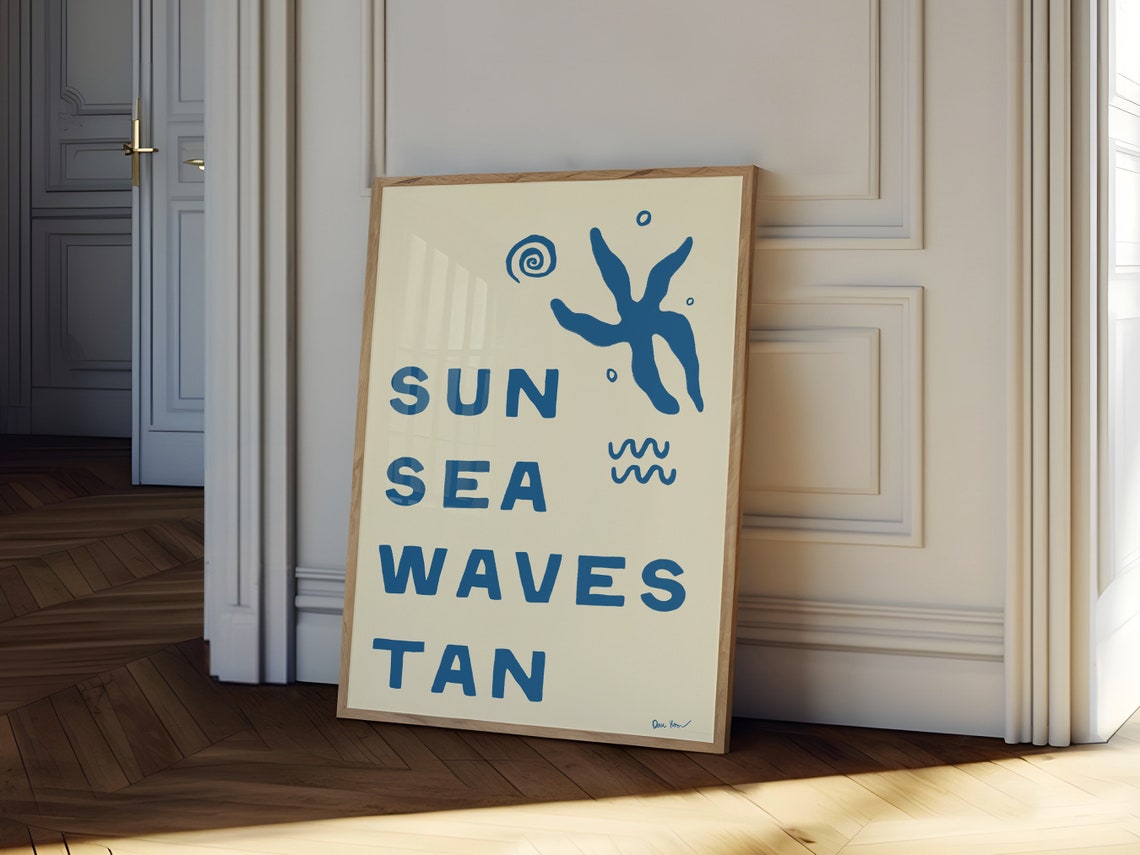 Sun Sea Waves Tan Blue Starfish Beach Typography Coastal Poster