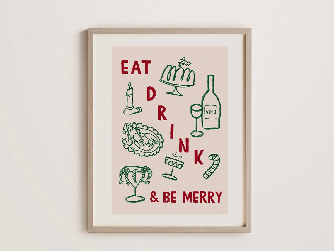 Eat Drink Be Merry Holiday Feast Wine Green Line Art Decor Poster - Image 2
